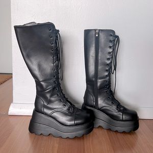 High Platform Knee-High Chunky Heel Round-Toe Side Zip Punk Boots For Women